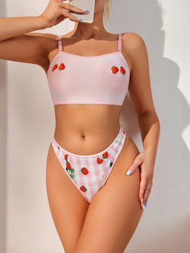 Conjunto De Lenceria De Fresas Y Estampado De Gingham Para Damas
