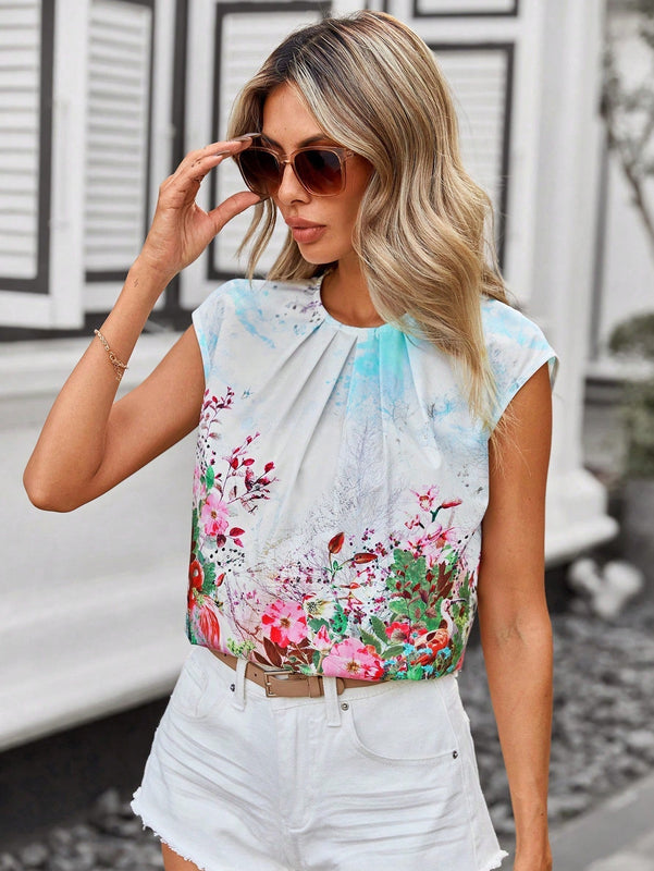 Clasi Blusa Sin Mangas Plisada Y Estampada De Flores Para Mujer Con Conjunto De Color Verde Para El Dia De San Patricio
