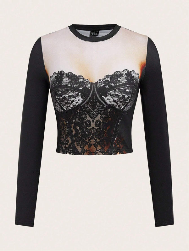 Top Corto Y2k Bikercore Grafico De Encaje Y Estampado Floral Para Mujer