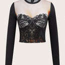 Top Corto Y2k Bikercore Grafico De Encaje Y Estampado Floral Para Mujer