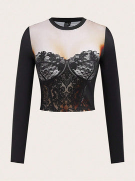 Top Corto Y2k Bikercore Grafico De Encaje Y Estampado Floral Para Mujer