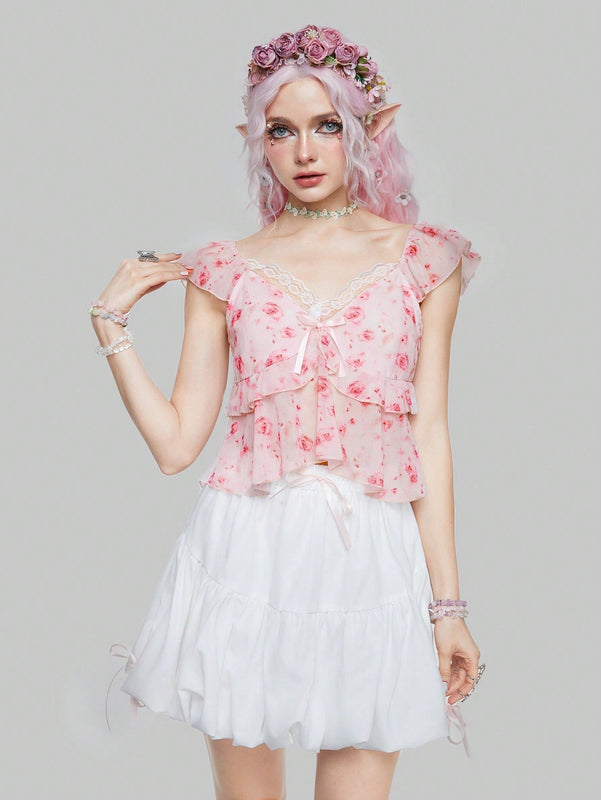 ROMWE Fairycore Camisa De Muneca Floral Del Bosque De Hadas Puras Para Mujer