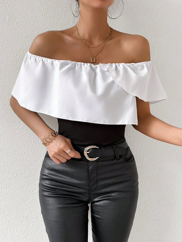 Prive Blusa Para Mujer Con Cuello Asimetrico, Adornada Con Volantes Y De Dos Tonos