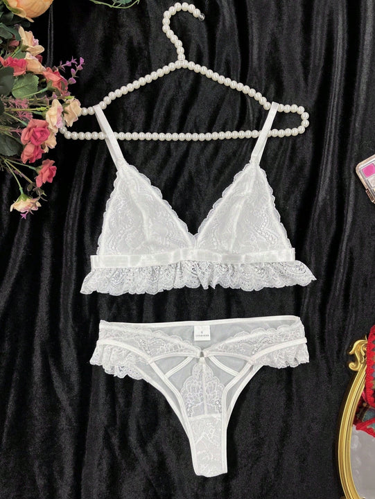 2 Piezas/set Conjunto De Lenceria De Bralette De Encaje Sin Cables Y Braguitas Triangulares Para Damas