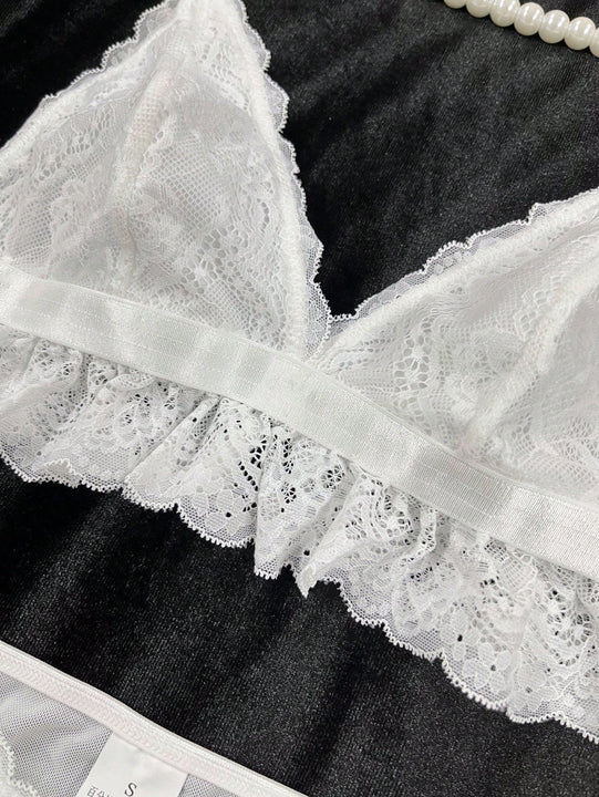 2 Piezas/set Conjunto De Lenceria De Bralette De Encaje Sin Cables Y Braguitas Triangulares Para Damas