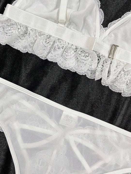 2 Piezas/set Conjunto De Lenceria De Bralette De Encaje Sin Cables Y Braguitas Triangulares Para Damas