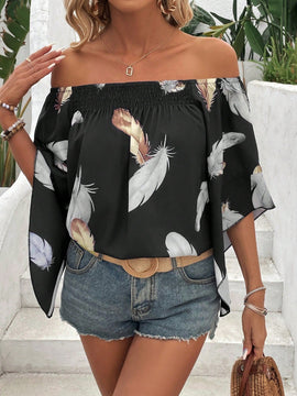 VCAY Camisa De Hombros Descubiertos Con Estampado De Plumas
