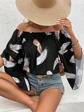 VCAY Camisa De Hombros Descubiertos Con Estampado De Plumas