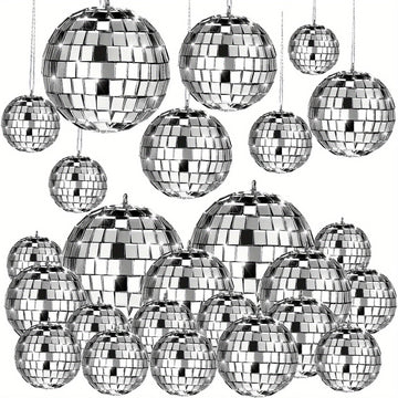 [Espejo Colgante de Vidrio Plateado] Adornos de Espejo Colgante de Vidrio Plateado Mini - 20 pzas Reflectantes con Cuerda - Tamaños Diferentes (2.4 Pulgadas, 2 Pulgadas, 1.6 Pulgadas, 1.2 Pulgadas) Decoración de Mardi Gras
