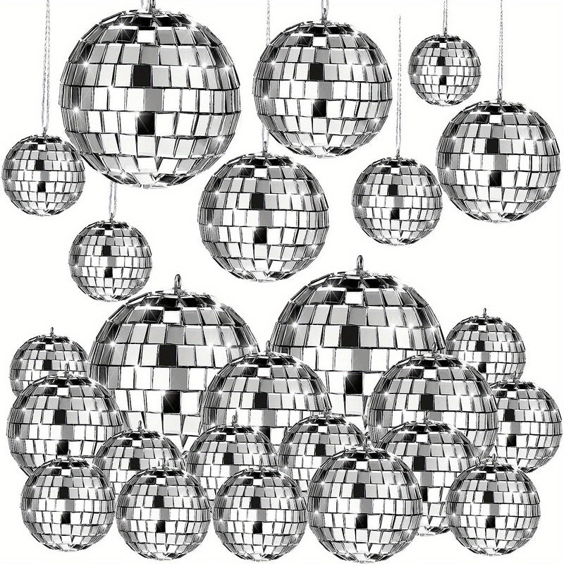[Espejo Colgante de Vidrio Plateado] Adornos de Espejo Colgante de Vidrio Plateado Mini - 20 pzas Reflectantes con Cuerda - Tamaños Diferentes (2.4 Pulgadas, 2 Pulgadas, 1.6 Pulgadas, 1.2 Pulgadas) Decoración de Mardi Gras