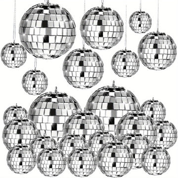 [Espejo Colgante de Vidrio Plateado] Adornos de Espejo Colgante de Vidrio Plateado Mini - 20 pzas Reflectantes con Cuerda - Tamaños Diferentes (2.4 Pulgadas, 2 Pulgadas, 1.6 Pulgadas, 1.2 Pulgadas) Decoración de Mardi Gras