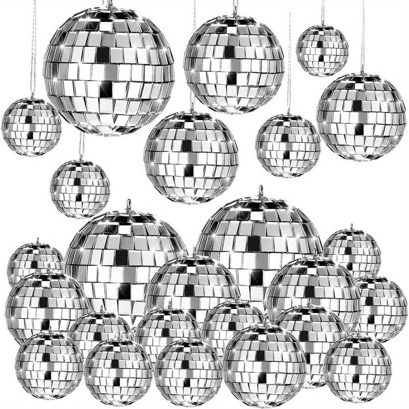 [Espejo Colgante de Vidrio Plateado] Adornos de Espejo Colgante de Vidrio Plateado Mini - 20 pzas Reflectantes con Cuerda - Tamaños Diferentes (2.4 Pulgadas, 2 Pulgadas, 1.6 Pulgadas, 1.2 Pulgadas) Decoración de Mardi Gras