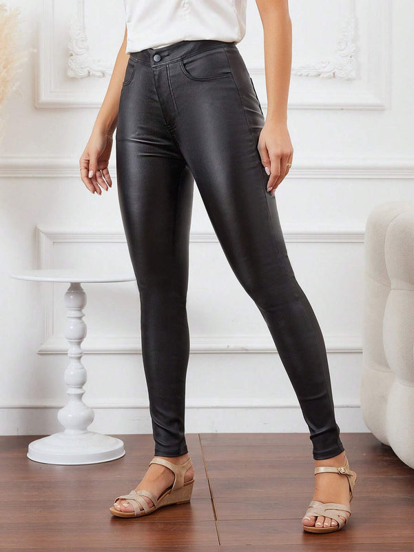 Essnce Pantalones ajustados de para mujer con cintura alta de color liso