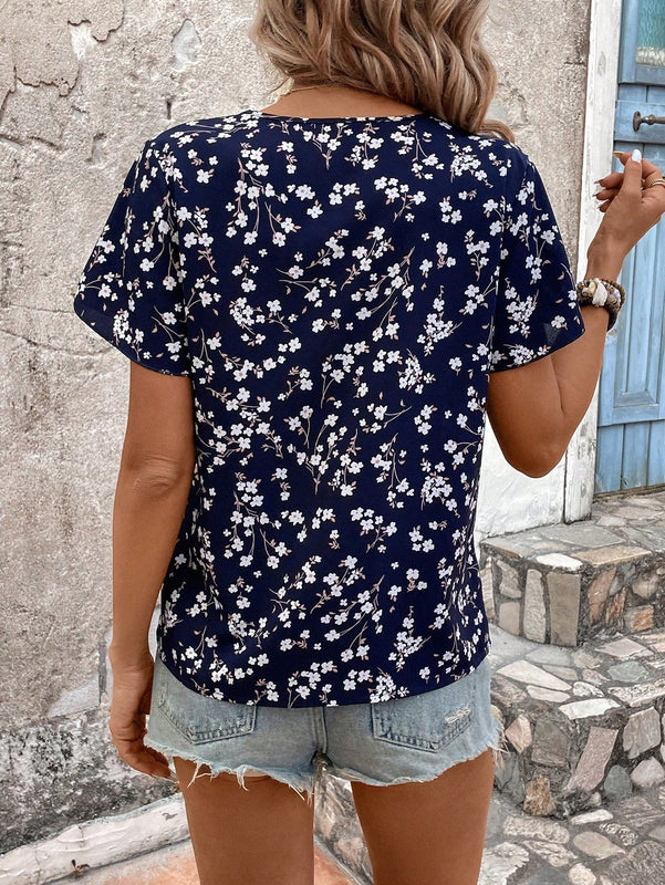 LUNE Blusa De Mangas Abullonadas De Estampado Floral Pequeno Para Mujer