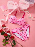 TOM & JERRY X  Conjunto de Brasier push-up y Tangas en forma de corazon rosado para mujer