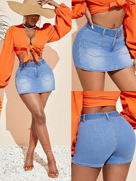 SXY Pantalones Cortos De Mezclilla Ajustados, Mini Y Con Cinturon Para Mujeres