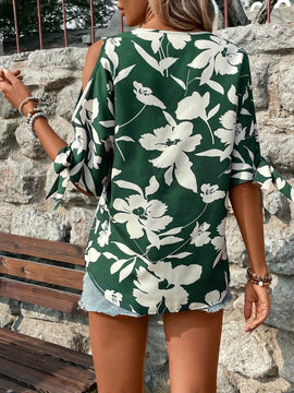 VCAY Blusa de mujer con hombros al aire y estampado de plantas