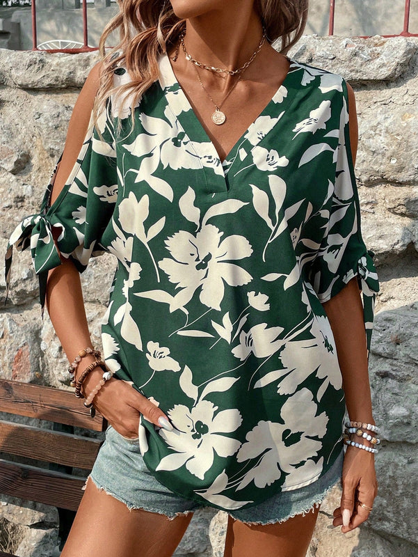 VCAY Blusa de mujer con hombros al aire y estampado de plantas