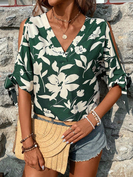 VCAY Blusa de mujer con hombros al aire y estampado de plantas