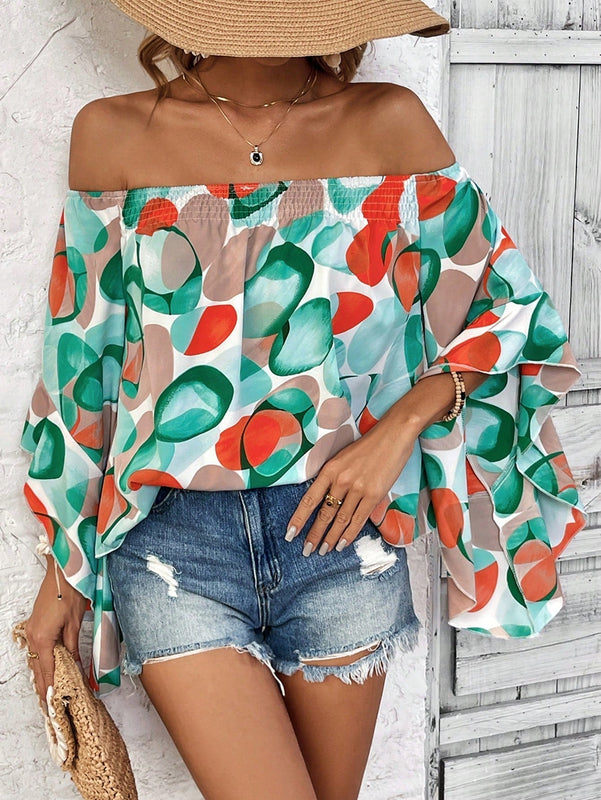 VCAY Camisa De Mujer Con Hombros Descubiertos Y Mangas Acampanadas Con Estampado Geometrico