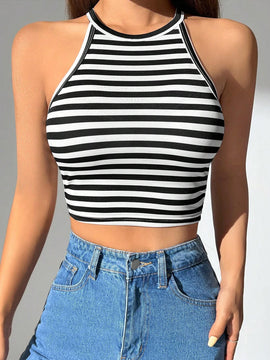 PETITE Top Corto Halter A Rayas Para Mujeres