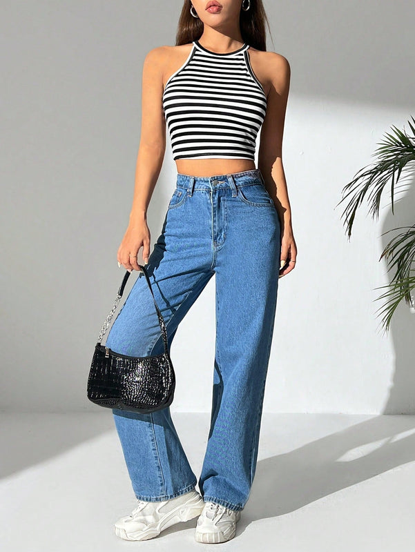 PETITE Top Corto Halter A Rayas Para Mujeres
