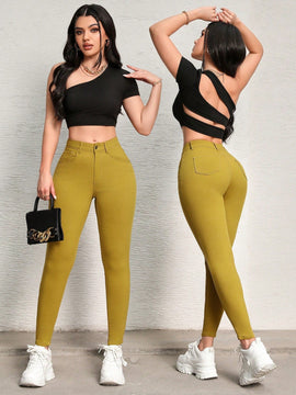 SXY Pantalones sencillos y casuales para mujer de color liso con cierre de cremallera y ajuste cenido