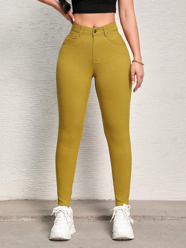 SXY Pantalones sencillos y casuales para mujer de color liso con cierre de cremallera y ajuste cenido