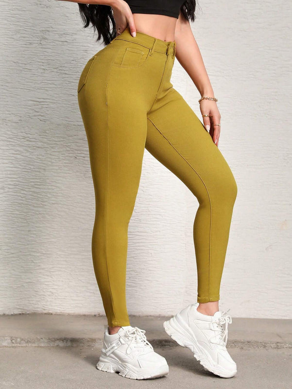 SXY Pantalones sencillos y casuales para mujer de color liso con cierre de cremallera y ajuste cenido