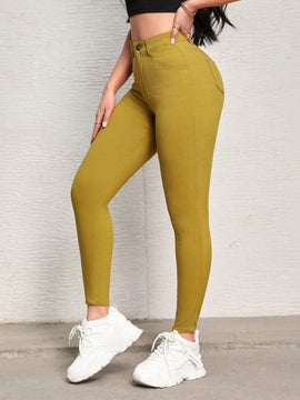 SXY Pantalones sencillos y casuales para mujer de color liso con cierre de cremallera y ajuste cenido