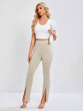 Tall Pantalones Largos Con Cintura Alta Y Abertura En El Dobladillo