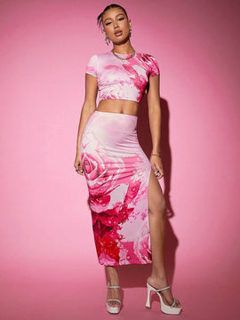 Playera Corta Con Impresion Floral De Rosas Basica De Cuello Redondo, Estilo Versatil