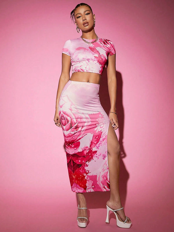 Playera Corta Con Impresion Floral De Rosas Basica De Cuello Redondo, Estilo Versatil