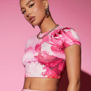 Playera Corta Con Impresion Floral De Rosas Basica De Cuello Redondo, Estilo Versatil