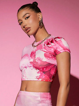 Playera Corta Con Impresion Floral De Rosas Basica De Cuello Redondo, Estilo Versatil