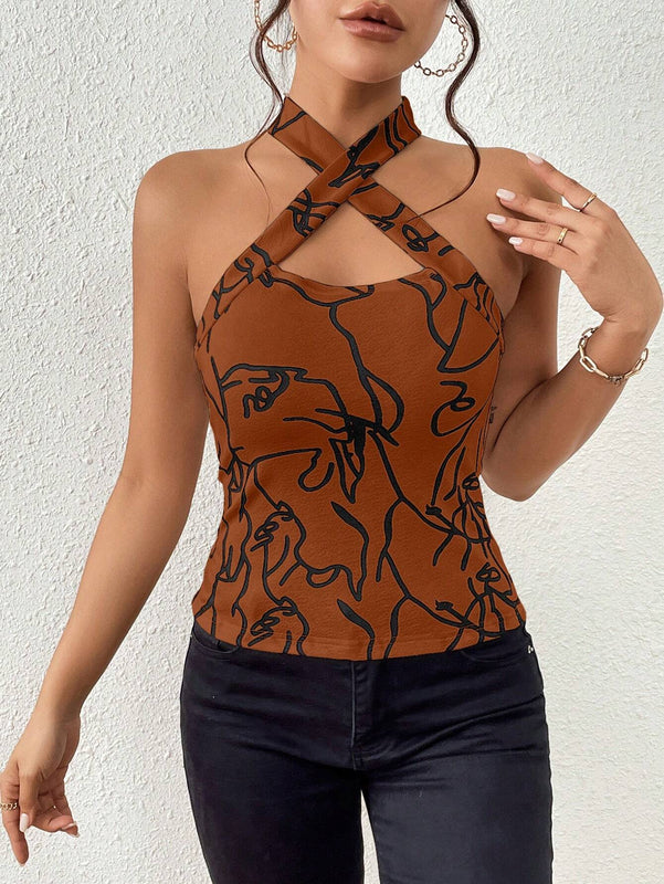Prive Top De Cuello Halter Cruzado Con Estampado Para Mujeres