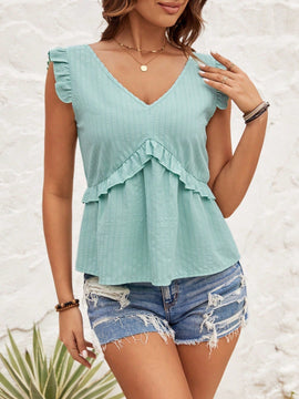 VCAY Blusa Con Cuello En V Y Mangas Voladoras Para Mujer