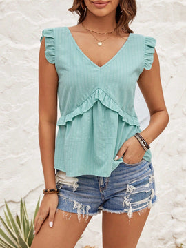 VCAY Blusa Con Cuello En V Y Mangas Voladoras Para Mujer