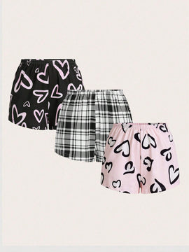 Essnce 3 Piezas/set Pantalones Cortos Impresos Con Estampado De Corazon Y Cuadros Para Mujer