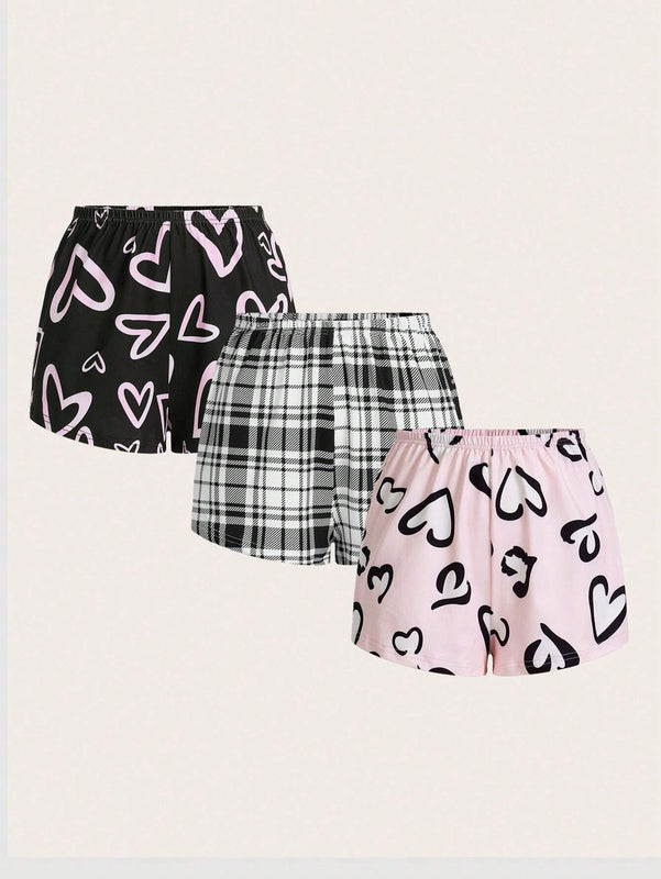 Essnce 3 Piezas/set Pantalones Cortos Impresos Con Estampado De Corazon Y Cuadros Para Mujer