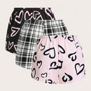 Essnce 3 Piezas/set Pantalones Cortos Impresos Con Estampado De Corazon Y Cuadros Para Mujer
