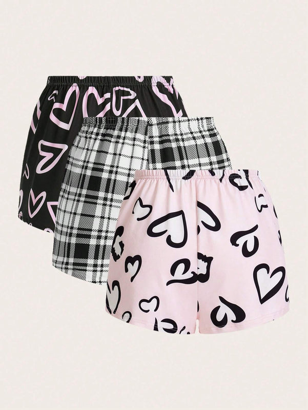 Essnce 3 Piezas/set Pantalones Cortos Impresos Con Estampado De Corazon Y Cuadros Para Mujer
