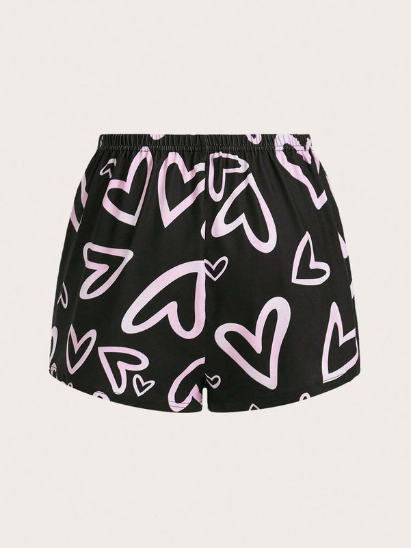 Essnce 3 Piezas/set Pantalones Cortos Impresos Con Estampado De Corazon Y Cuadros Para Mujer