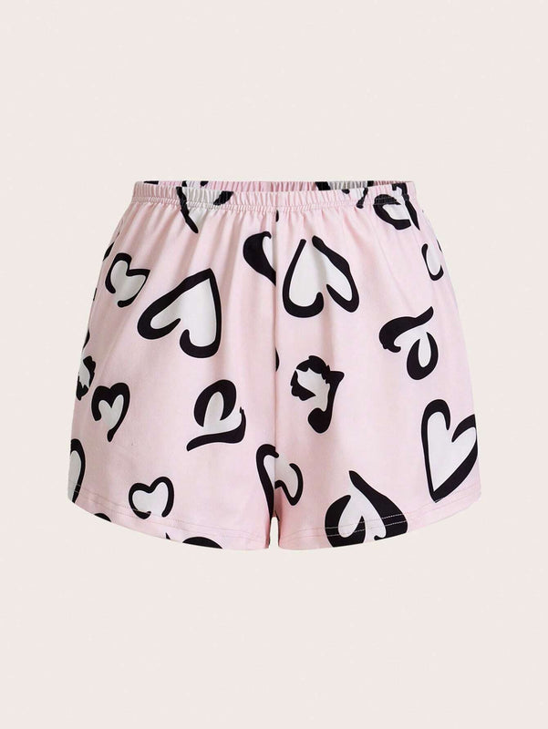 Essnce 3 Piezas/set Pantalones Cortos Impresos Con Estampado De Corazon Y Cuadros Para Mujer