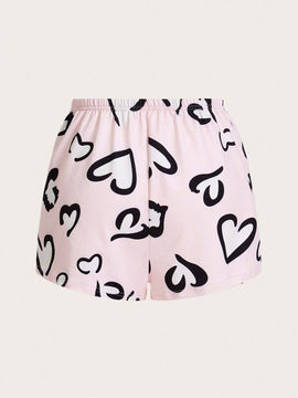 Essnce 3 Piezas/set Pantalones Cortos Impresos Con Estampado De Corazon Y Cuadros Para Mujer