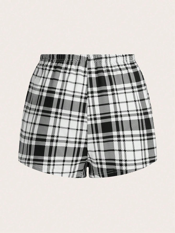Essnce 3 Piezas/set Pantalones Cortos Impresos Con Estampado De Corazon Y Cuadros Para Mujer