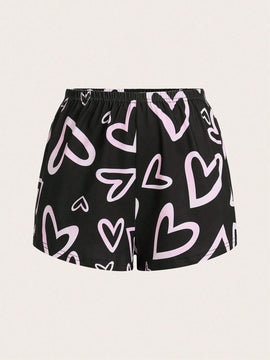 Essnce 3 Piezas/set Pantalones Cortos Impresos Con Estampado De Corazon Y Cuadros Para Mujer