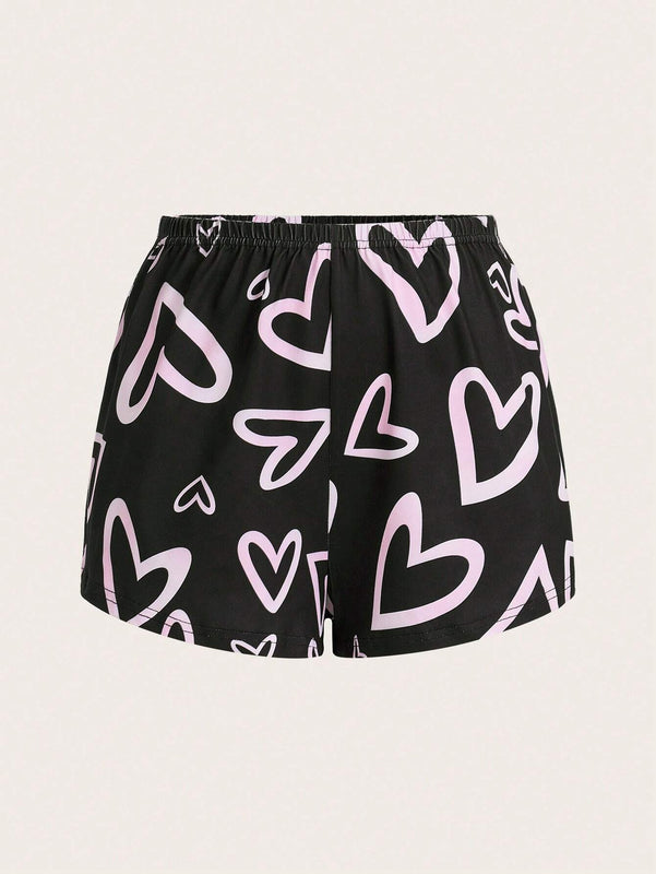 Essnce 3 Piezas/set Pantalones Cortos Impresos Con Estampado De Corazon Y Cuadros Para Mujer