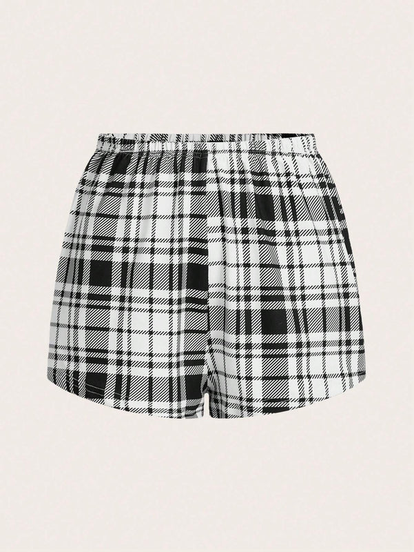 Essnce 3 Piezas/set Pantalones Cortos Impresos Con Estampado De Corazon Y Cuadros Para Mujer