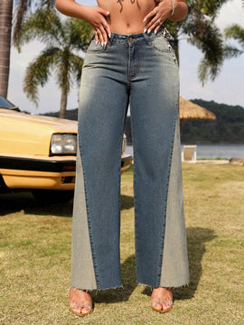 SXY Pantalones Jeans Holgados De Mujer Con Dobladillo Deshilachado Y Diseno De Color De Contraste
